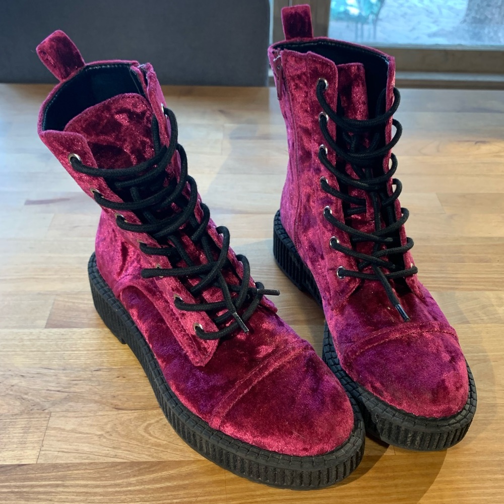 Katy Perry pink/magenta velvet combat/laceup boots